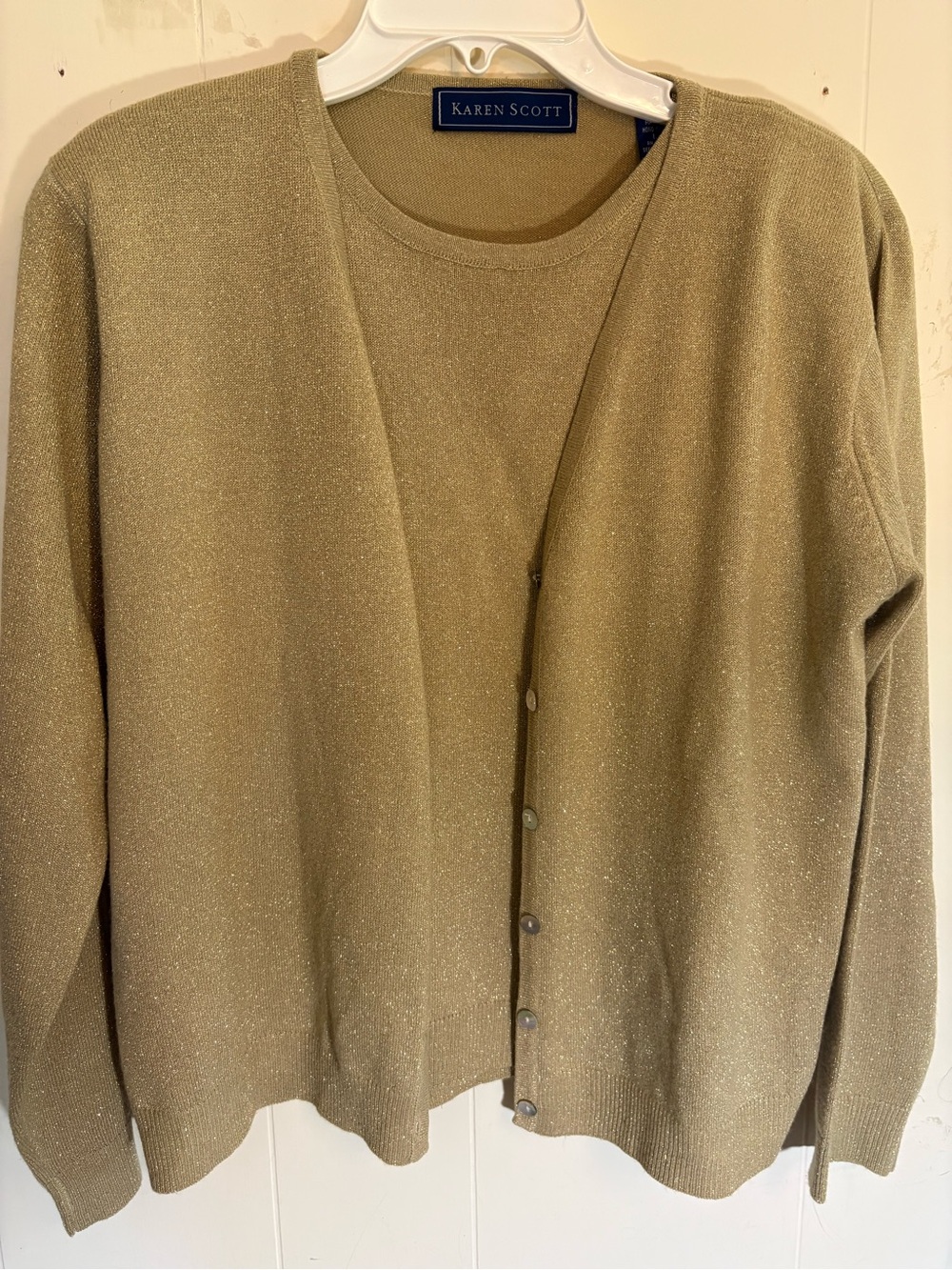 Karen Scott Vintage Faux Twin Set Cardigan Sweater Gold Metallic Knit Size L